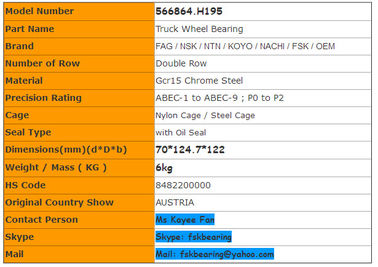Heavy Duty Truck Bearing 566864.H195 Front Wheel Bearing 70 × 124.7 × 122