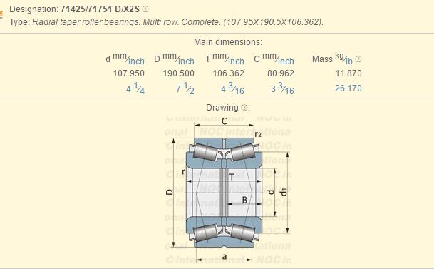 Double Row 71425/71751 D/X2S Tapered Roller Bearings 107.95mm X 190.5mm X 106.362mm 0