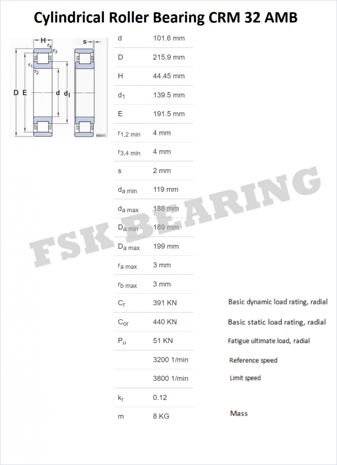 Inch Size CRM 32 AMB Cylindrical Roller Bearings Brass Cage 101.6 x 215.9 x 44.45 mm 0